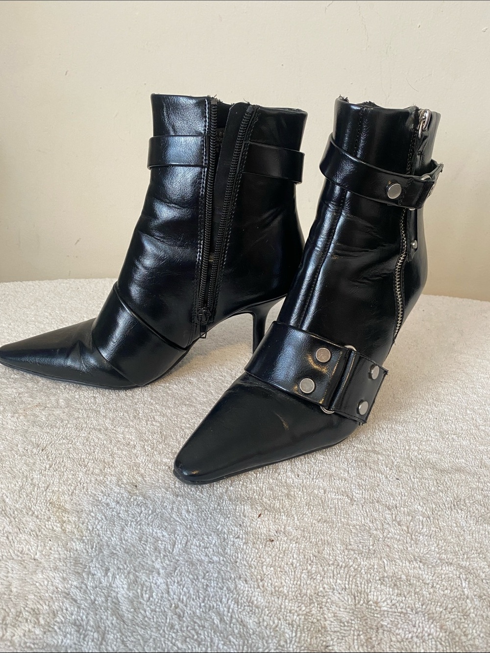 Black Pointed-Toe Ankle Boots with Buckle Strap - Picture 3 of 5